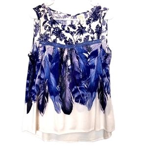 Fig and Flower blue floral feather and cream sleeveless top size L